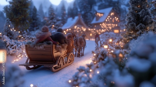 Winter night sleigh ride in snowy village with Christmas lights and horse carriage photo