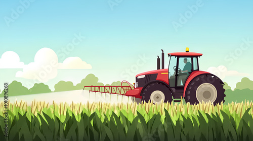 tractor is captured spraying pesticides on a corn field during spring, highlighting agricultural activities at the beginning of the growing season 