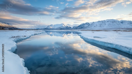 Ice mountains reflected in the calm, winding rivers