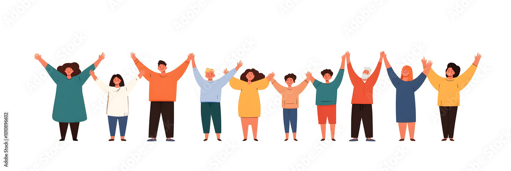 Happy people holding hands together, arms up flat style illustration Happy people holding hands together, arms up flat style illustration