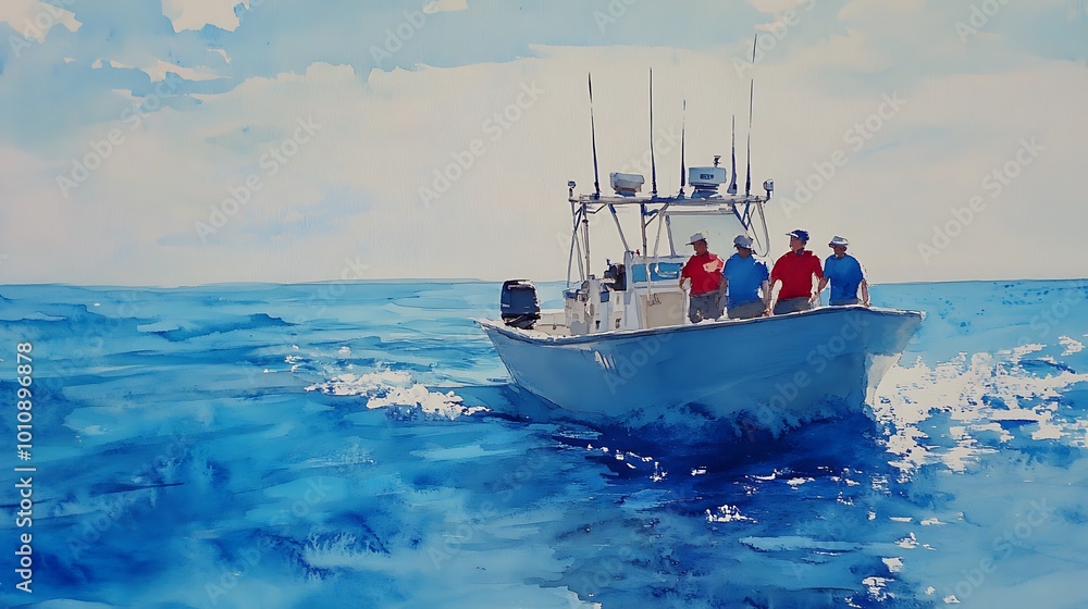 Φωτογραφία Watercolor Painting of a Boat with Three Fishermen on a Blue Ocean