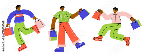 Set of Character Carrying Shopping Bags, Run for Sale Isolated on White Background. Flat vector