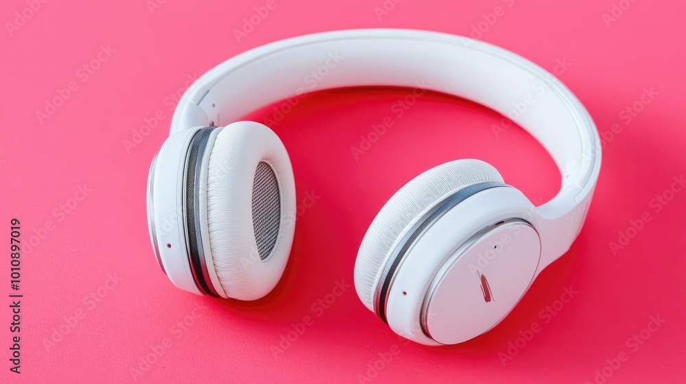 White wireless headphones on a pink background. White wireless headphones on a pink background.