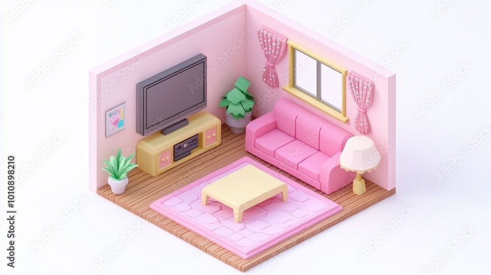 A 3D isometric rendering of a pink living room with a couch, coffee table, television, and plants. A 3D isometric rendering of a pink living room with a couch, coffee table, television, and plants.