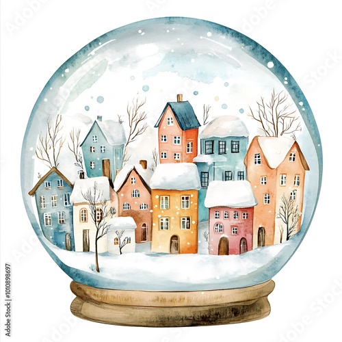 Watercolor Snow Globe with Winter Village Scene.