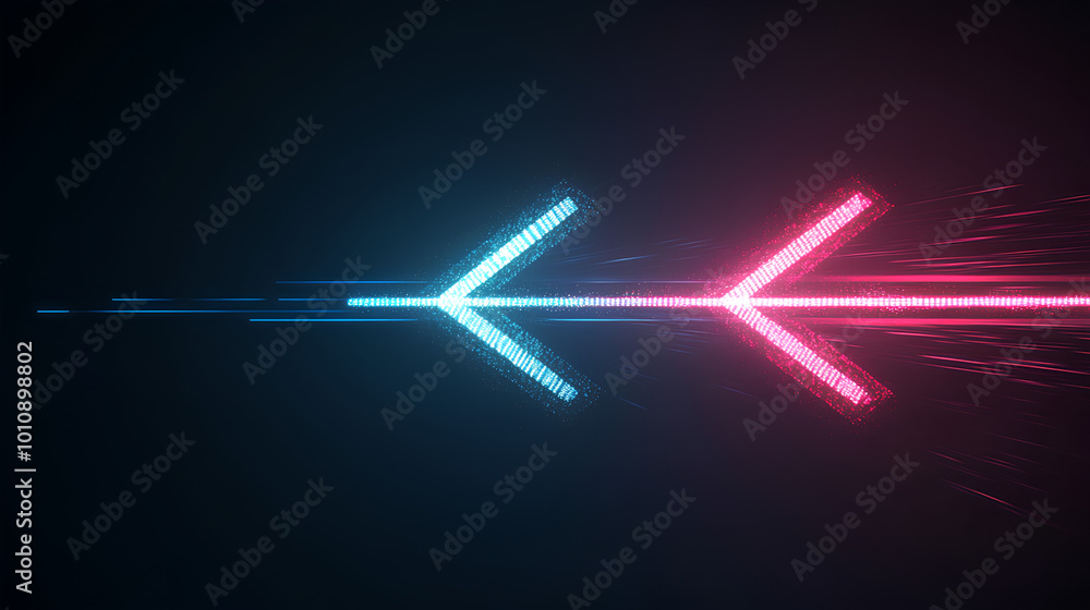 Abstract arrow speed motion light effect with blue and pink glow on dark background Abstract arrow speed motion light effect with blue and pink glow on dark background
