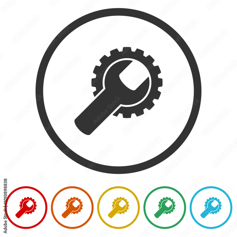 Wrench and Gear isolated icon. Set icons in color circle buttons Wrench and Gear isolated icon. Set icons in color circle buttons
