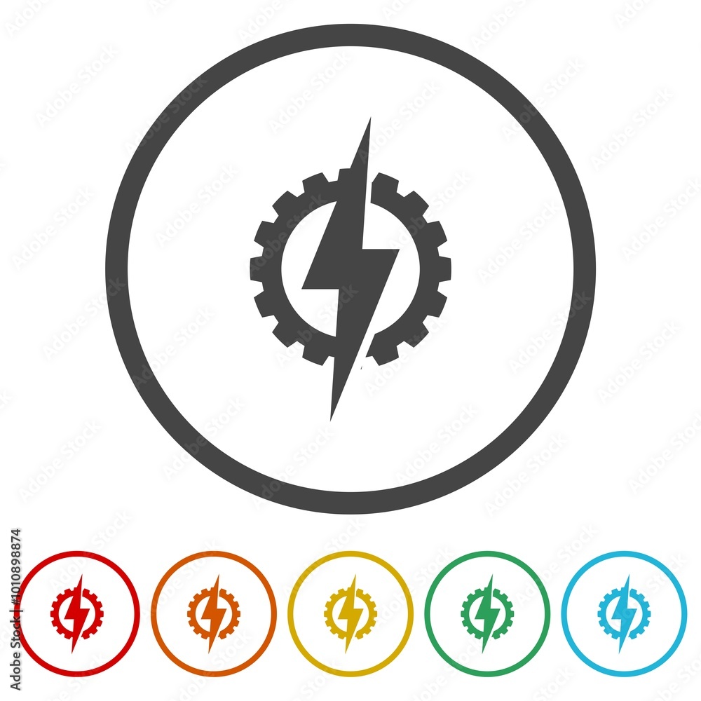 Gear and lightning icon. Set icons in color circle buttons Gear and lightning icon. Set icons in color circle buttons
