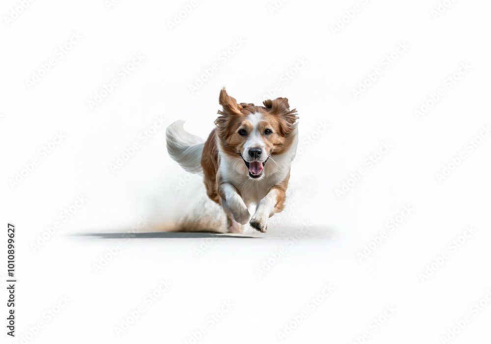 A brown and white dog runs towards the camera with its tongue out and ears flapping in the wind, isolated on a white background. A brown and white dog runs towards the camera with its tongue out and ears flapping in the wind, isolated on a white background.