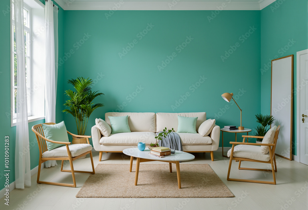 Fototapeta premium A cozy living room with a teal wall, white sofa, wooden chairs, and a coffee table. Generative AI