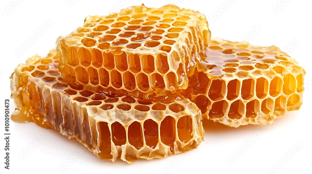 Clear and crisp photo of a honeycomb cut open to reveal the golden nectar inside, reflecting the purity and freshness of the honey, displayed prominently on a plain white background. Clear and crisp photo of a honeycomb cut open to reveal the golden nectar inside, reflecting the purity and freshness of the honey, displayed prominently on a plain white background.