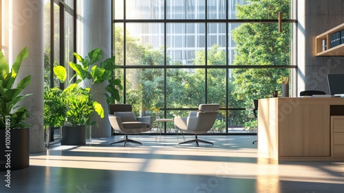 Modern workspace oasis  bright open office featuring large windows  lush indoor plants  minimalistic furniture  inviting seating area bathed in natural light.