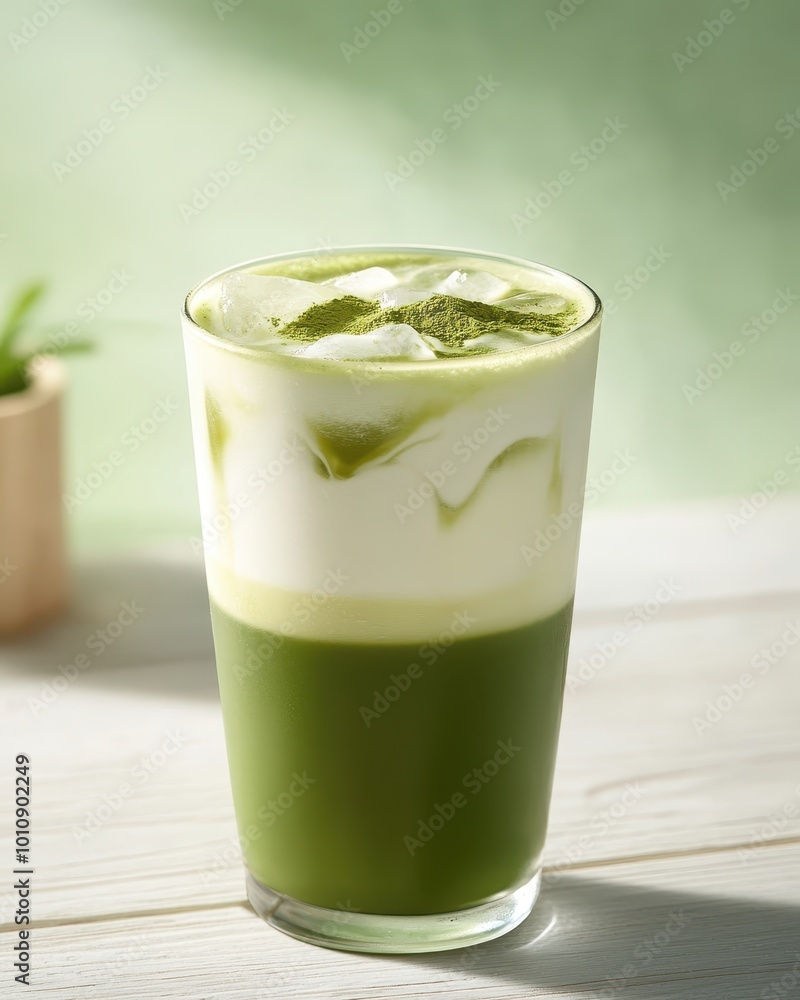 A refreshing layered green tea drink with milk and ice, served in a clear glass. A refreshing layered green tea drink with milk and ice, served in a clear glass.