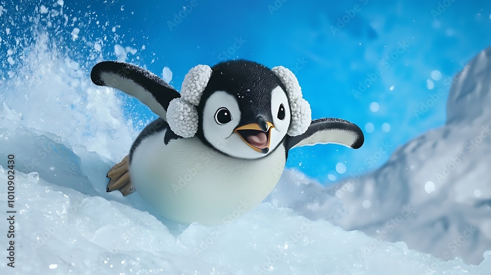 Cute Penguin with Earmuffs on Iceberg Cute Penguin with Earmuffs on Iceberg