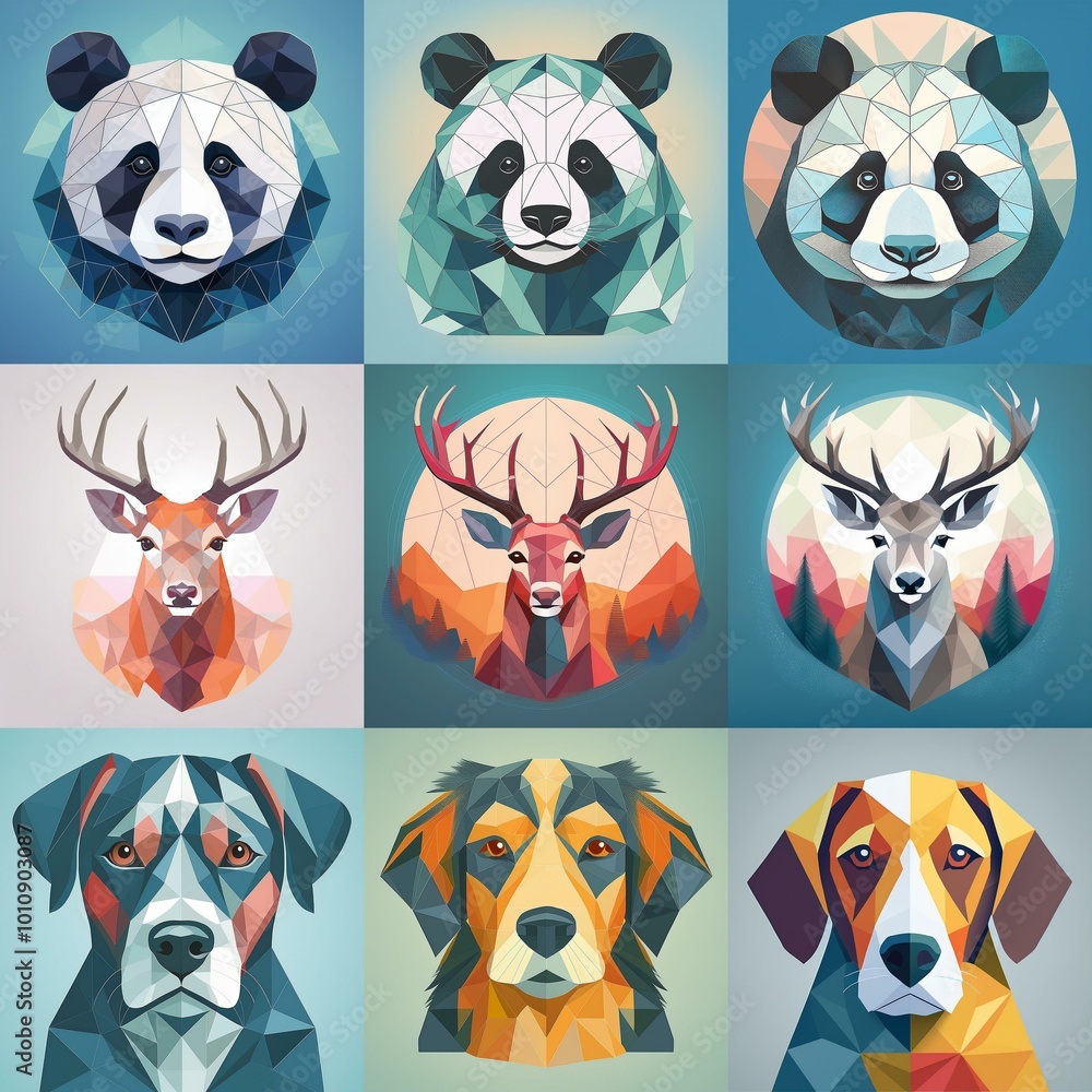 Obraz premium A collage of geometric animal portraits featuring a panda, a deer, and a dog.