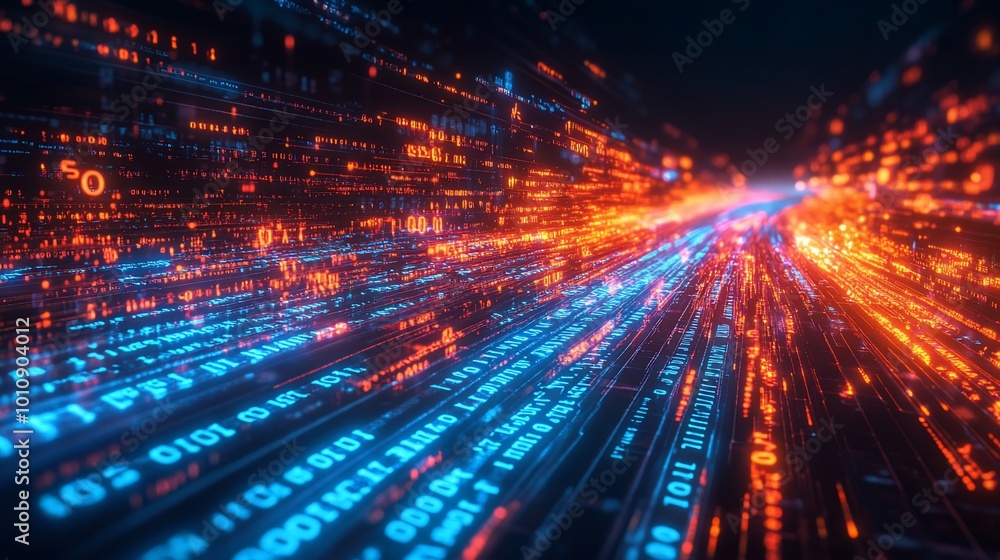 Abstract digital data stream with glowing binary code in blue and orange colors. Abstract digital data stream with glowing binary code in blue and orange colors.