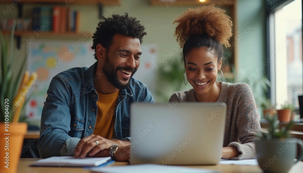 Young Male and Female Professionals Collaborating on a Laptop in a Modern Workspace Young Male and Female Professionals Collaborating on a Laptop in a Modern Workspace