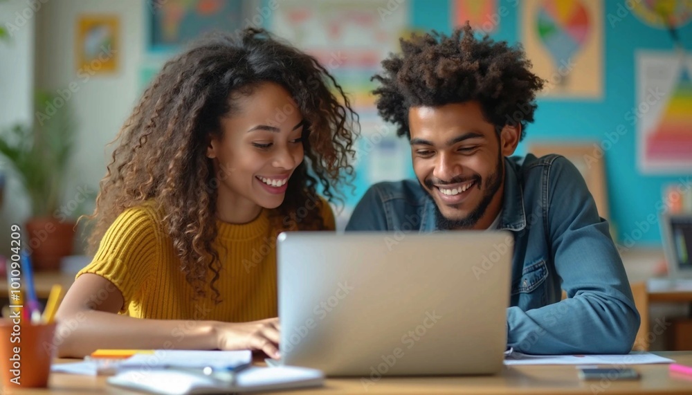 Young Male and Female Professionals Collaborating on a Laptop in a Modern Workspace Young Male and Female Professionals Collaborating on a Laptop in a Modern Workspace