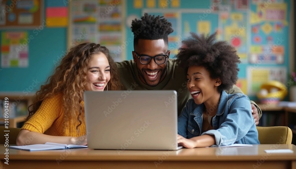 Young Male and Female Professionals Collaborating on a Laptop in a Modern Workspace Young Male and Female Professionals Collaborating on a Laptop in a Modern Workspace