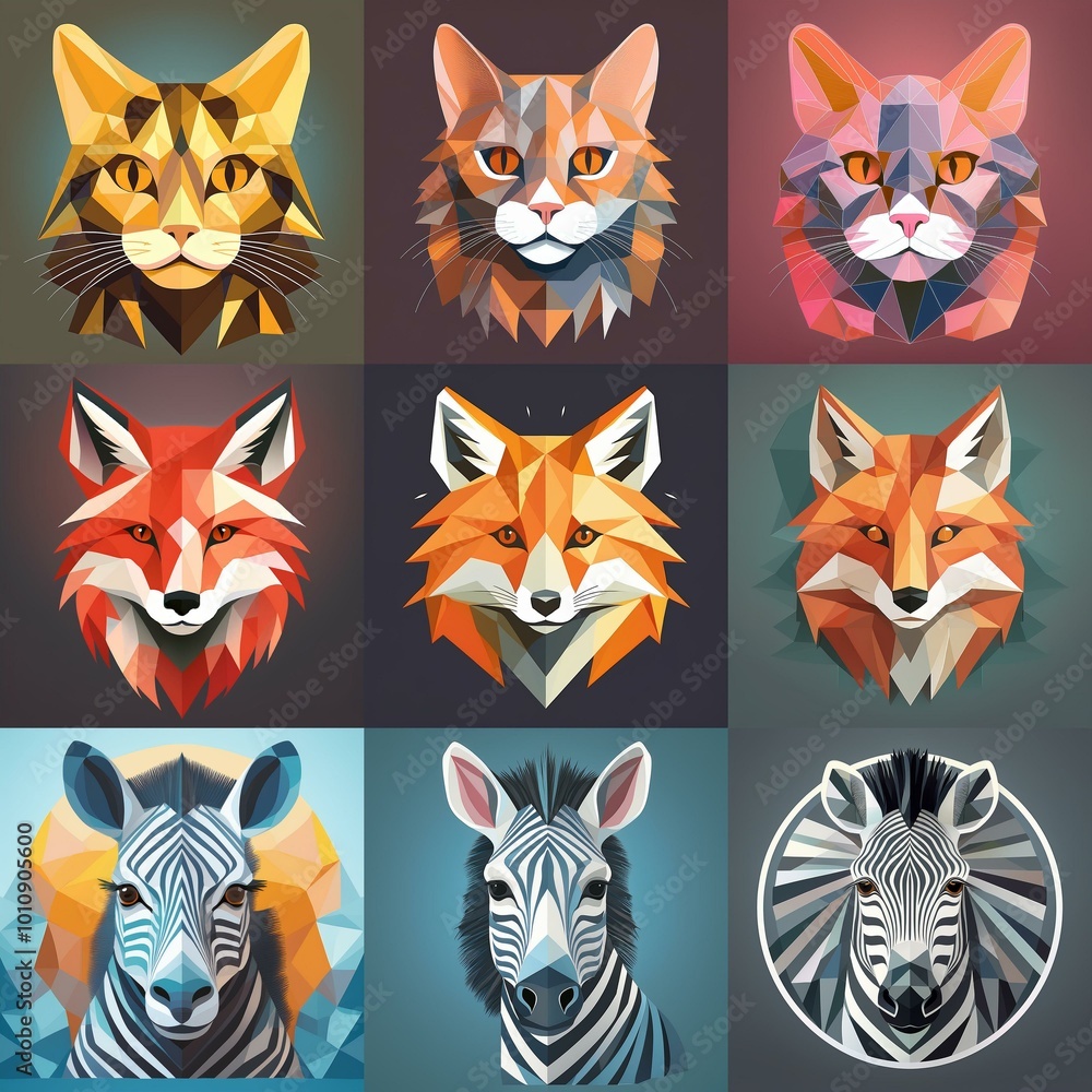 Fototapeta premium A collage of animal portraits rendered in a geometric, polygonal style.