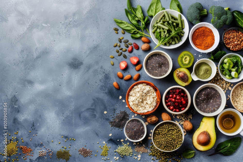 An assortment of fresh fruits, vegetables, seeds, and superfoods lies arranged on a gray concrete surface, showcasing colorful ingredients perfect for healthy meals and clean eating habits. An assortment of fresh fruits, vegetables, seeds, and superfoods lies arranged on a gray concrete surface, showcasing colorful ingredients perfect for healthy meals and clean eating habits.