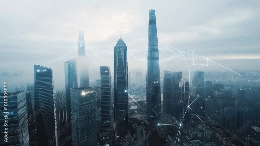 A city skyline shrouded in fog, featuring tall skyscrapers and modern architecture, conveying a sense of innovation and urban development. A city skyline shrouded in fog, featuring tall skyscrapers and modern architecture, conveying a sense of innovation and urban development.