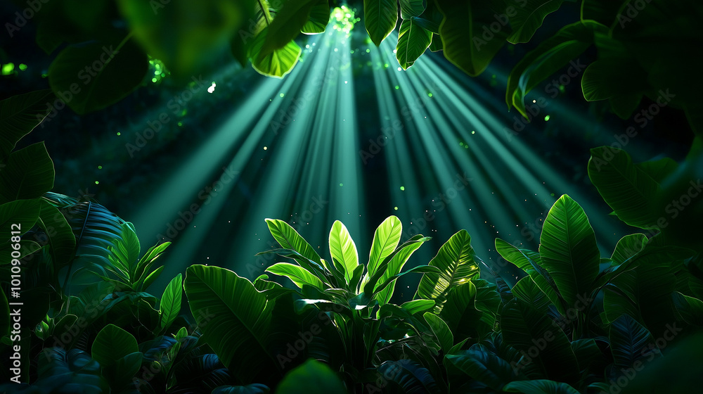 Φωτογραφία A cinematic nature shot of a tropical rainforest with beams of sunlight breaking
