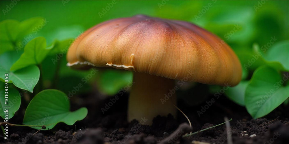 A close-up of a brown mushroom with white spots growing in a mossy environment A close-up of a brown mushroom with white spots growing in a mossy environment