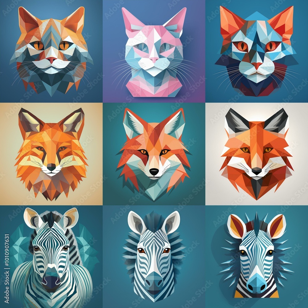 Fototapeta premium A collection of polygonal animal heads including cats, foxes, and zebras.