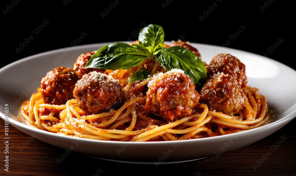 beautifully presented plate of spaghetti and meatballs with a fresh basil garnish, set against a dark backdrop beautifully presented plate of spaghetti and meatballs with a fresh basil garnish, set against a dark backdrop