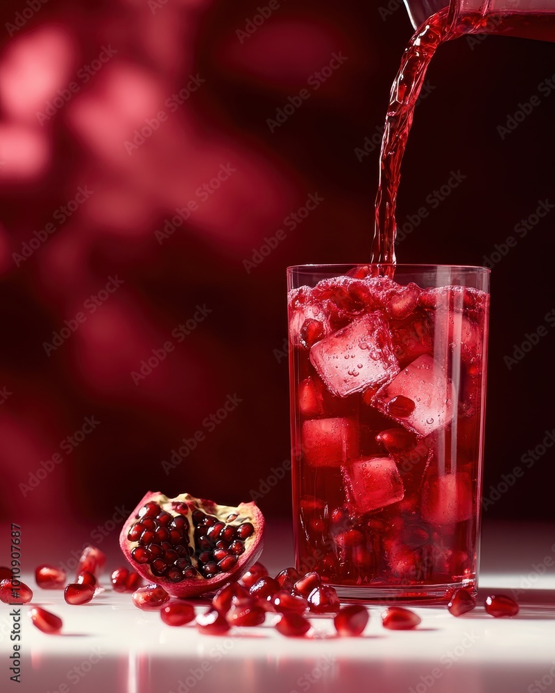 A refreshing pomegranate drink with ice, showcasing vibrant red hues and fresh fruit. A refreshing pomegranate drink with ice, showcasing vibrant red hues and fresh fruit.