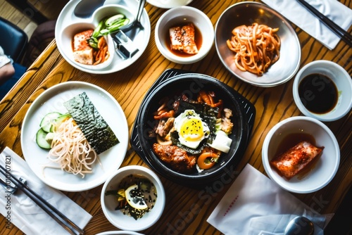 A delightful assortment of Korean cuisine fills the dining table, featuring various dishes that invite everyone to enjoy a communal meal filled with rich flavors.