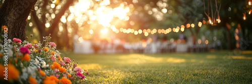 Marigolds against a blurred garland background of a park, house or temple. Banner template for autumn festival or toran Indian traditional Diwali, Day of dead, wedding copyspace photo