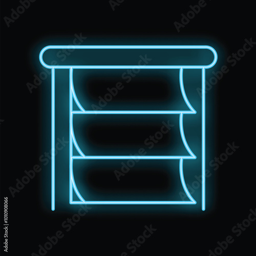 Blue neon sign of jalousie window, concept of interior design, window treatments