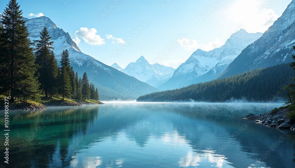 Pristine Mountain Lake with Misty Reflections Pristine Mountain Lake with Misty Reflections