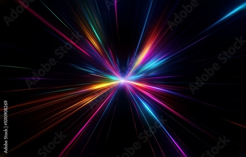 Abstract colorful light streaks radiating from the center on a black background.