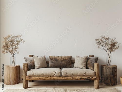 Rustic Living Room Interior Design with Wooden Sofa and Minimalist Decor photo