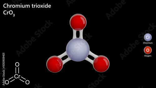 Chromium trioxide (CrO3) is a brown crystalline inorganic compound. Highly corrosive and a strong oxidizer, it's used in wood preservatives, metal finishing, and is a known carcinogen. 3d illustration photo