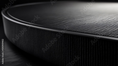 Close-up of a black speaker with a textured metal grill and a rounded edge.