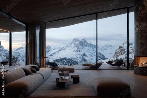 A luxurious living room with a large window spans a breathtaking snowy mountain view  blending comfort and nature in a serene and picturesque setting.