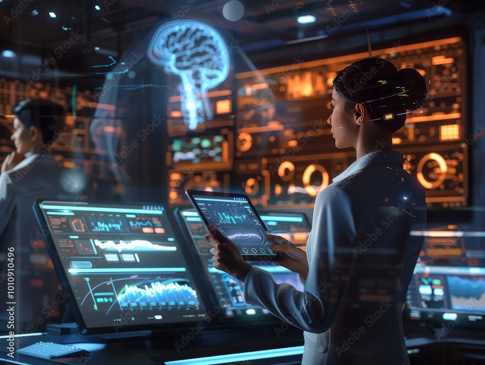 Woman with Tablet in a Futuristic Control Room Woman with Tablet in a Futuristic Control Room