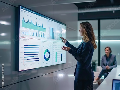 Businesswoman Presenting Data on Large Screen