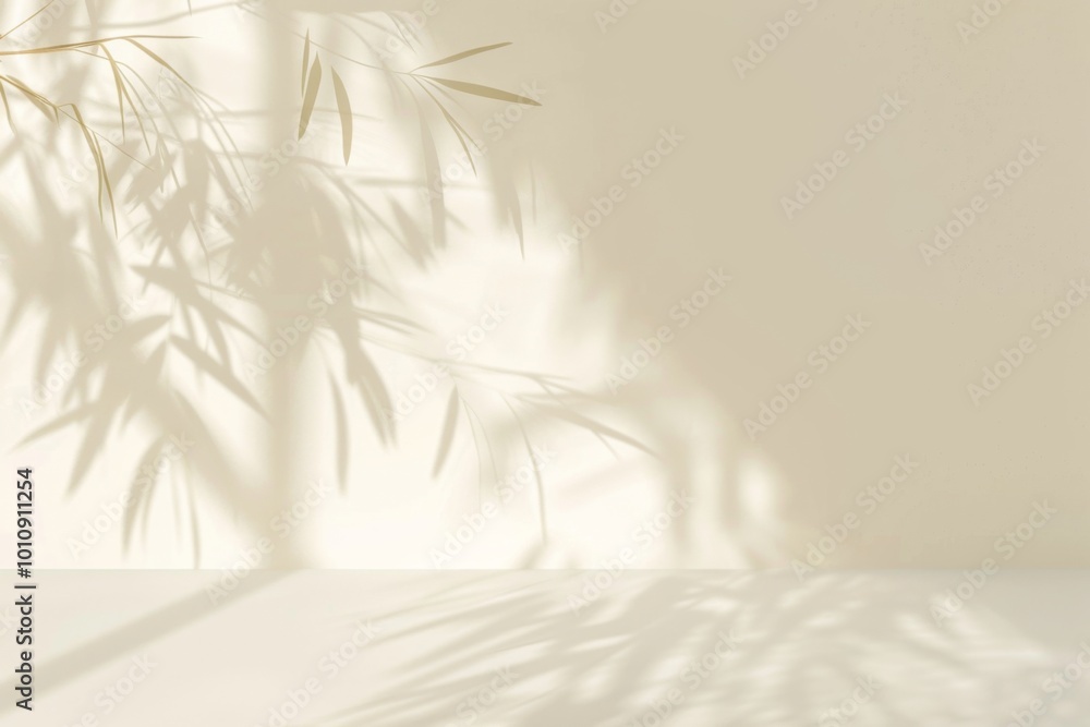 Obraz premium A soft light beige setting creates an elegant backdrop, highlighted by intricate shadows of plants cast from a window, perfect for showcasing products artistically.