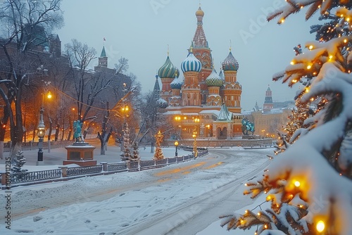 Winter night in moscow  stbasil s cathedral and pokrovsky cathedral amidst christmas festivities