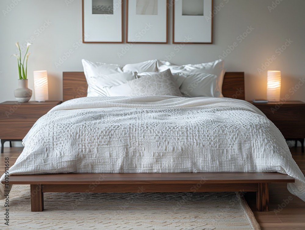 White Bed with Wooden Frame and Nightstands White Bed with Wooden Frame and Nightstands