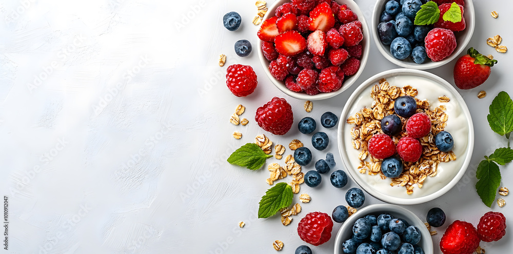 Top view plate of healthy breakfast with granola, greek yogurt, fruits and berry on white background Top view plate of healthy breakfast with granola, greek yogurt, fruits and berry on white background