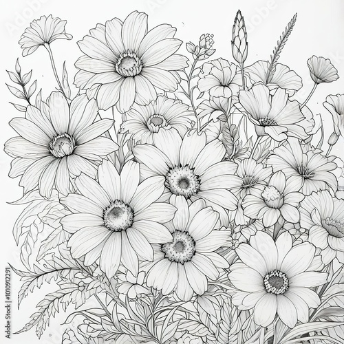 Hand drawn high contrast pencil colouring page, sketch of a plenty of field flowers. Cozy creative space. Hobby relaxation time. Imagination. Pleasure. Coloring book template for business. 