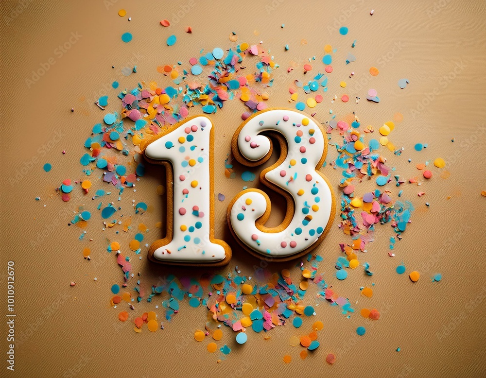 Decorated cookie, number 13, image for birthday or anniversary celebration Decorated cookie, number 13, image for birthday or anniversary celebration