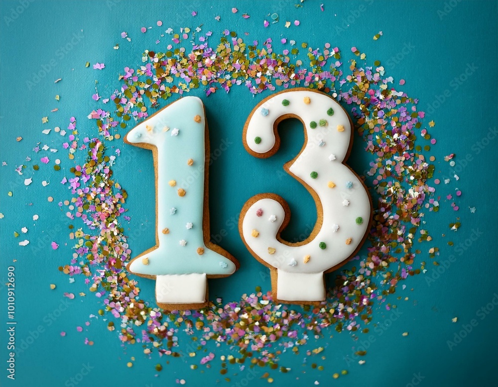 Decorated cookie, number 13, image for birthday or anniversary celebration Decorated cookie, number 13, image for birthday or anniversary celebration