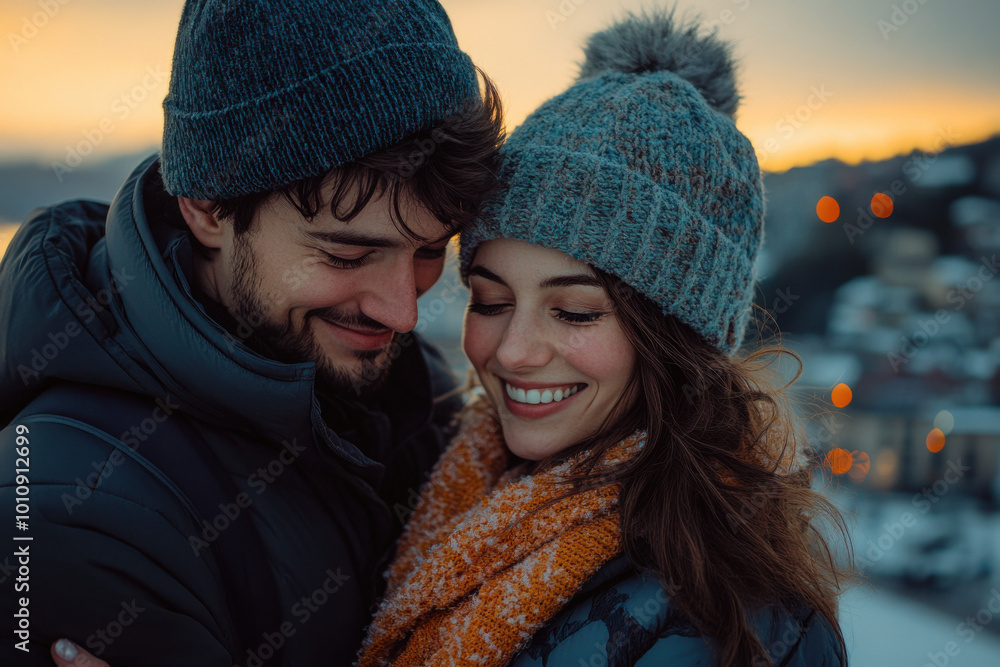 A young couple smiling and embracing each other while the woman wears an engagement ring on her left hand. They are wearing outdoor , such as a jacket or sweater, with a scarf and hat. A young couple smiling and embracing each other while the woman wears an engagement ring on her left hand. They are wearing outdoor , such as a jacket or sweater, with a scarf and hat.
